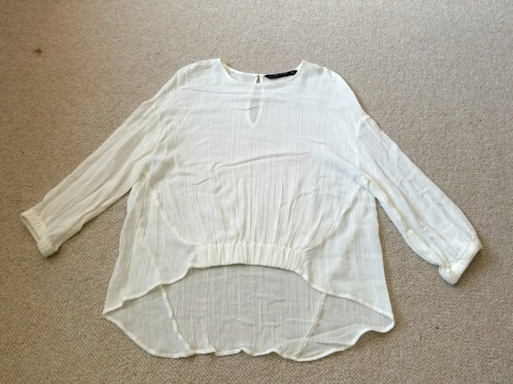 Womens Top-ZARA-ivory gauzy hi-low round neck balloon BOHO trendy-M